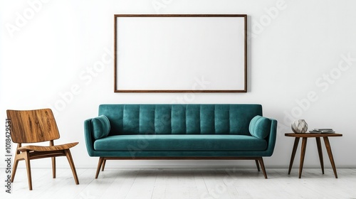 Scandinavian-style living room with a teal sofa, wooden chair, and a blank poster frame on a white background wall.
