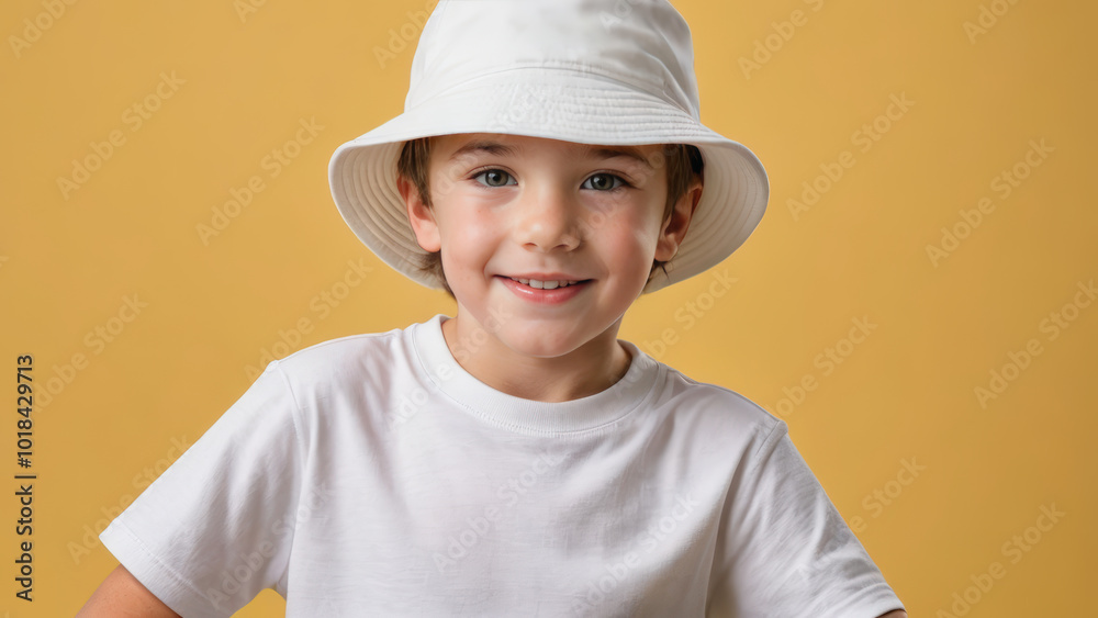Little boy wearing white t-shirt and white bucket hat isolated on yellow background Little boy wearing white t-shirt and white bucket hat isolated on yellow background