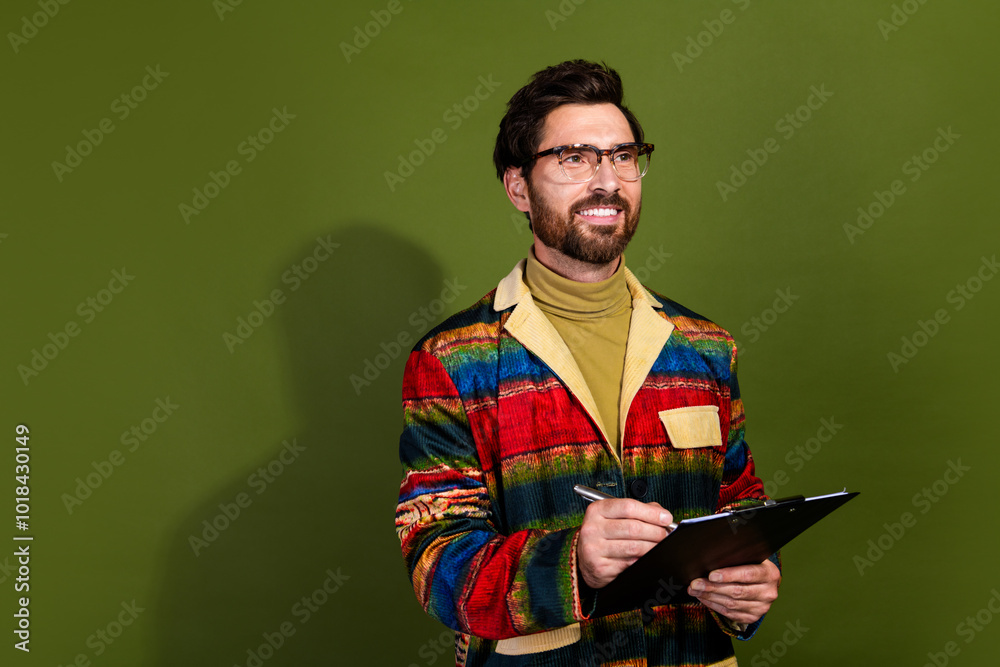 Photo of elegant successful mature man wear trendy clothes hold document empty space isolated on khaki color background Photo of elegant successful mature man wear trendy clothes hold document empty space isolated on khaki color background