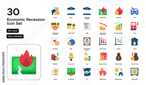 Economic Recession Flat Icon Set: Declining Growth, Unemployment, and Financial Instability Icons