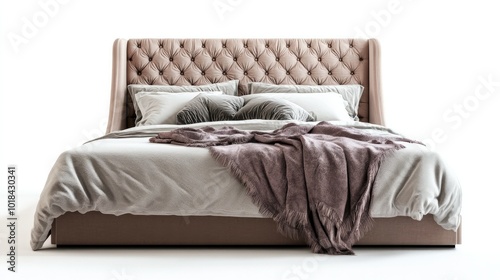 Single bed with an upholstered headboard, fluffy pillows, and a neatly tucked blanket, isolated on white.