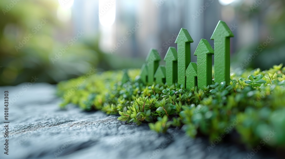 Green Upward Arrows Growing Out Of Moss, Representing Economic Growth And Sustainability. Green Upward Arrows Growing Out Of Moss, Representing Economic Growth And Sustainability.