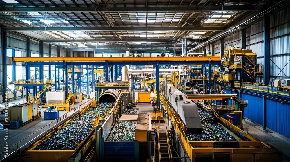 A recycling plant sorting and processing recyclable waste, with machinery and workers handling materials, emphasizing sustainability and environmental responsibility A recycling plant sorting and processing recyclable waste, with machinery and workers handling materials, emphasizing sustainability and environmental responsibility