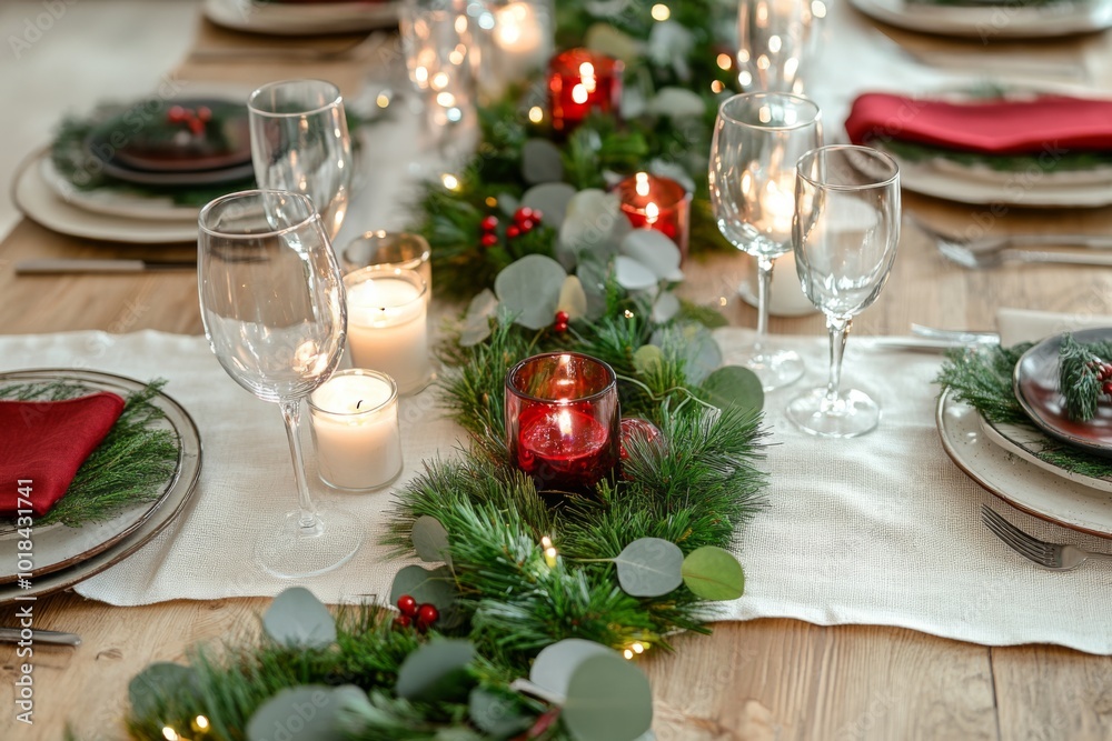 Table served for Christmas dinner in living room, close up view. Bokeh light soft effect. Table setting for holiday dinner. Festive cozy room background with Christmas tree. Still life, table set Table served for Christmas dinner in living room, close up view. Bokeh light soft effect. Table setting for holiday dinner. Festive cozy room background with Christmas tree. Still life, table set