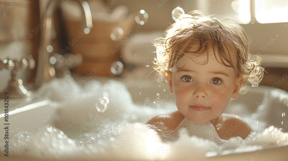 Happy toddler girl is enjoying a relaxing bubble bath in a vintage bathroom Happy toddler girl is enjoying a relaxing bubble bath in a vintage bathroom