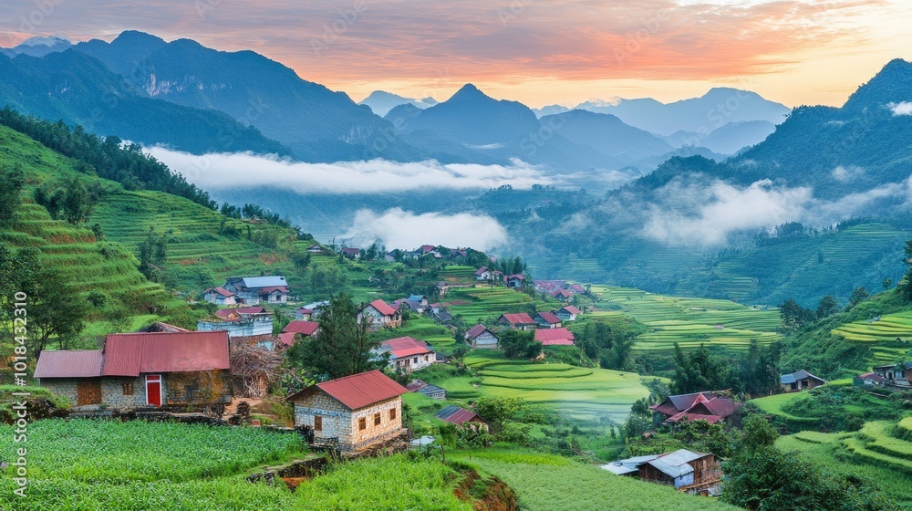 Fototapeta premium Village nestled in misty mountain valley during a serene sunrise, soft clouds floating above rolling hills.