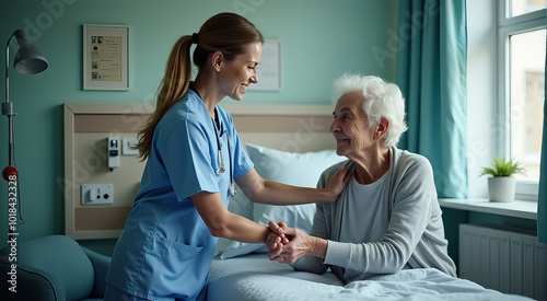 A woman in a blue uniform is helping an elderly woman in a hospital bed