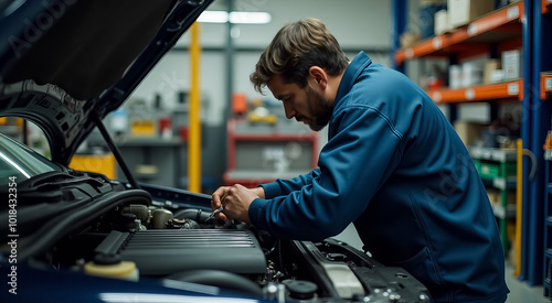 A man is working on a car engine