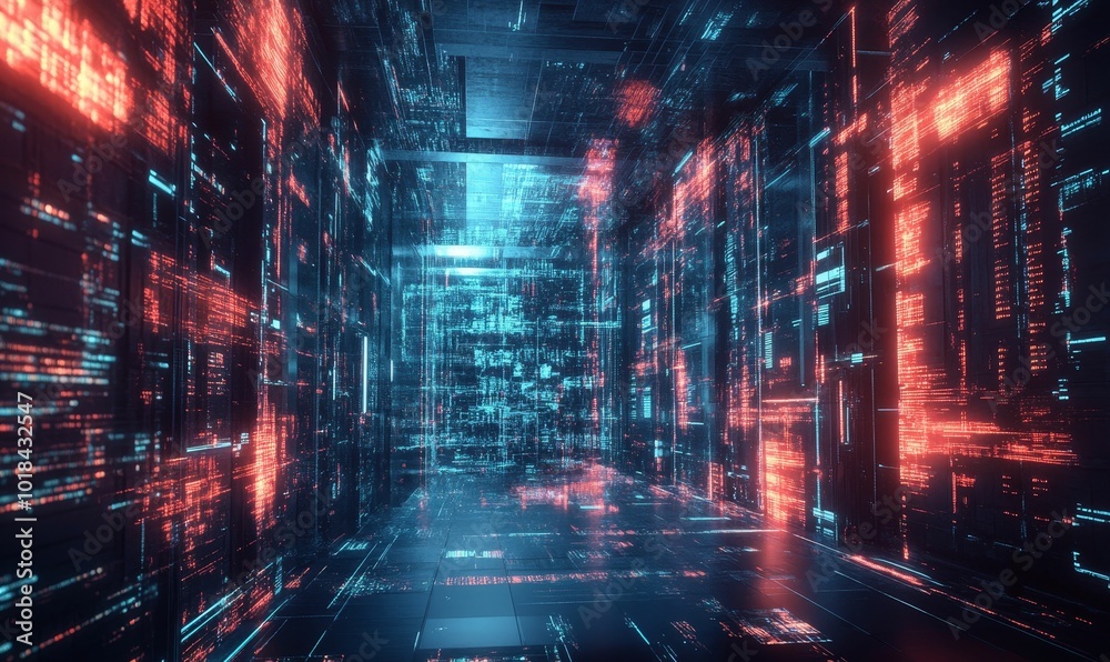 Fototapeta premium Digital corridor with glowing red and blue light.