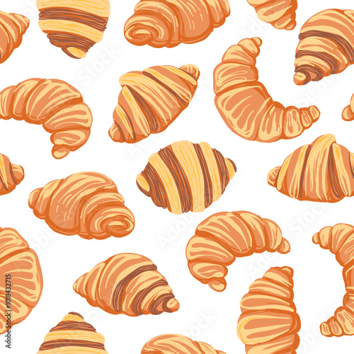 Seamless pattern with croissants in flat style. French pastries. Hand drawn vector illustration.