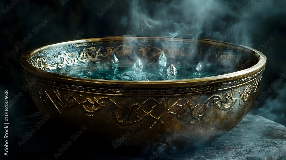 Weathered Brass Scrying Bowl with Iridescent Liquid and Mystical Runes Weathered Brass Scrying Bowl with Iridescent Liquid and Mystical Runes