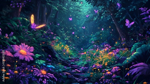 Glowing Bioluminescent Flora and Fauna in a Lush Sustainable Ecosystem Digital Painting