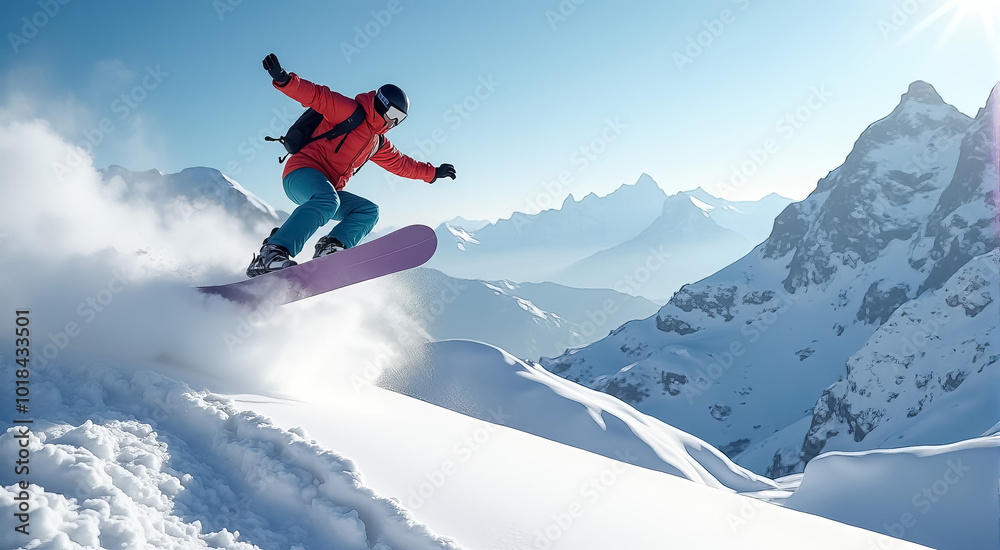 A snowboarder is in mid-air, riding a snowboard down a mountain A snowboarder is in mid-air, riding a snowboard down a mountain
