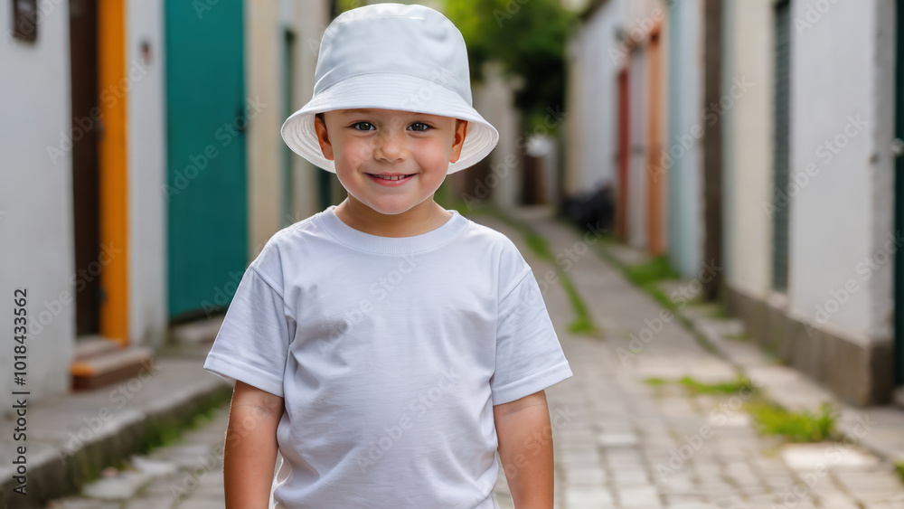 Little boy wearing white t-shirt and white bucket hat standing in a city alley Little boy wearing white t-shirt and white bucket hat standing in a city alley