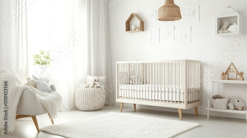 A beautiful baby room with a minimalist crib, soft textiles, and charming decor elements, perfectly styled on a bright white backdrop for a fresh, modern feel.