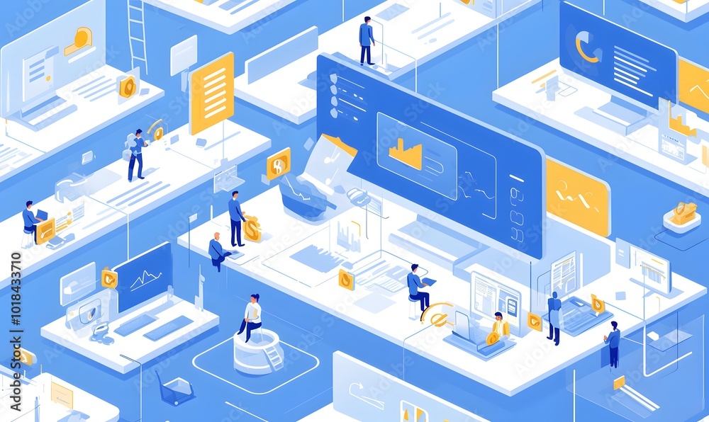 abstract background, isometric, city, house, icon, computer, illustration, technology, office, generation AI