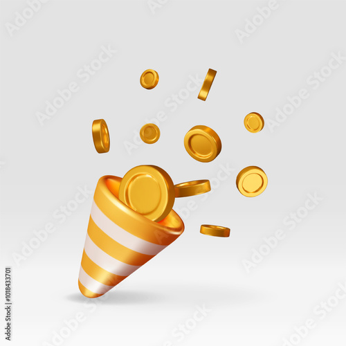 3d party popper with flying money coin. Render firecracker explosion full of golden coins icon. Gift, prize, bonus, surprise. Business growth, income, savings, investment, wealth. Vector illustration