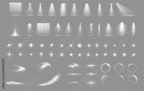 Light effect set. Glow isolated white transparent light effect set, lens flare, explosion, glitter, dust, line, sun flash, spark and stars, spotlight, curve twirl. Sunlight, abstract special effect.