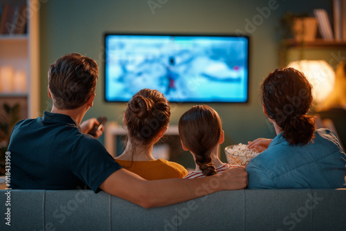 family watching  TV in the evening at home