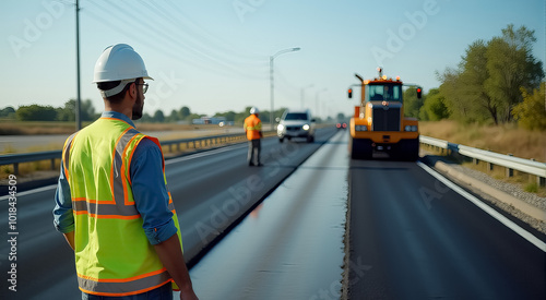 A man in a safety vest stands on the side of a road