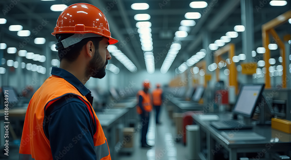 A man in an orange vest stands in a large industrial building A man in an orange vest stands in a large industrial building