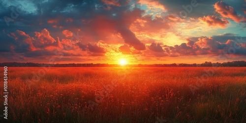 A fiery sunset casts long shadows over a field of tall grass, creating a captivating display of nature's artistry.