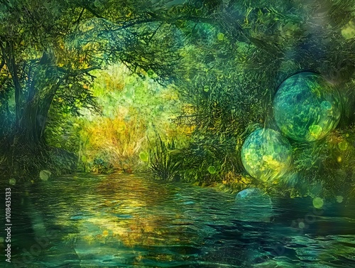 Ethereal Emerald Currents of Natural Mystical Energy in Tranquil Pre Raphaelite Forest Landscape photo