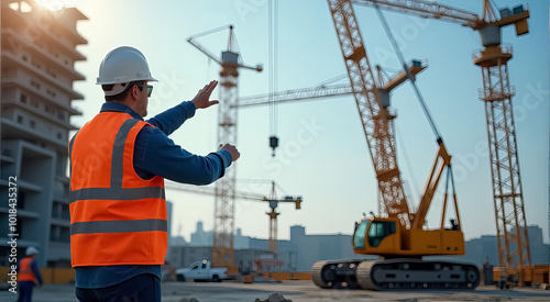 A construction worker in an orange vest stands in front of a crane