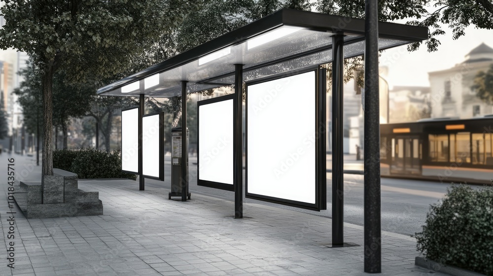 A bus stop with multiple blank white mockup posters, isolated on a white background for design and ad layout purposes. A bus stop with multiple blank white mockup posters, isolated on a white background for design and ad layout purposes.