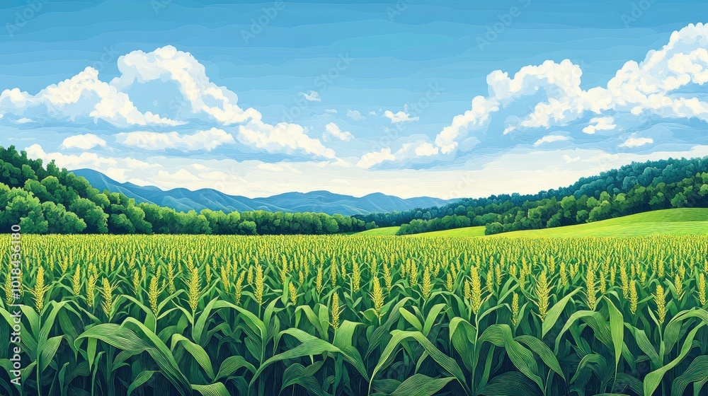 Vibrant rural scenery featuring a lush green field of emerging corn crops Lush green corn field in vibrant rural landscape Vibrant rural scenery featuring a lush green field of emerging corn crops Lush green corn field in vibrant rural landscape