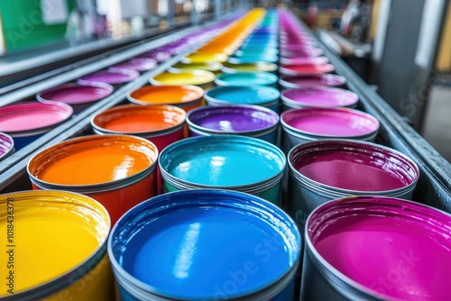 Close-up of Colorful Paint Cans on a Production Line photo