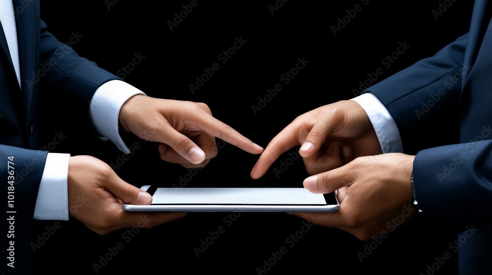Business Collaboration: Two men in suits, their hands pointing to a blank tablet screen, signifying collaboration, partnership, and shared vision. Business Collaboration: Two men in suits, their hands pointing to a blank tablet screen, signifying collaboration, partnership, and shared vision.