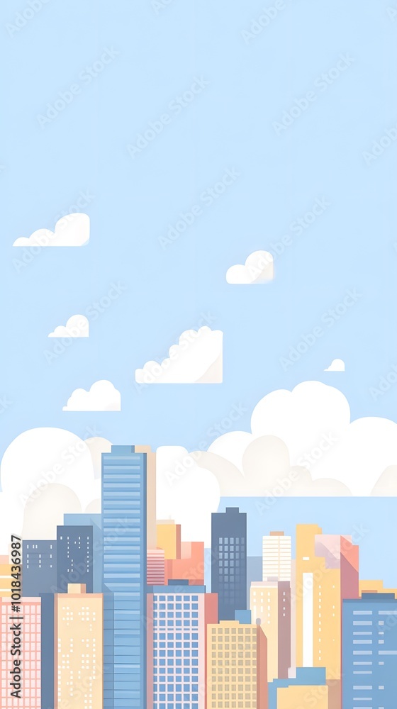 Flat vector illustration of a city skyline, with simple flat shapes, a light blue background, and sky and clouds in the background
