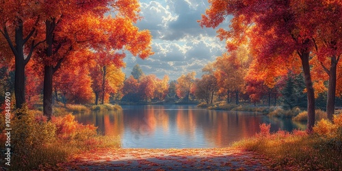 A serene autumn landscape with vibrant red and orange foliage reflected in a calm lake, creating a picturesque view of nature's beauty.