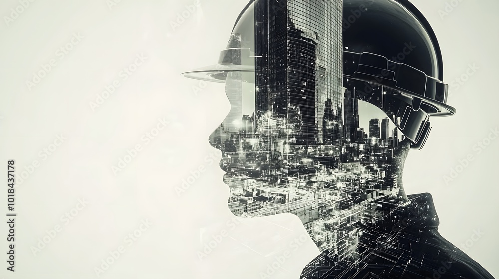 Double Exposure of Construction Manager with Cityscape Double Exposure of Construction Manager with Cityscape