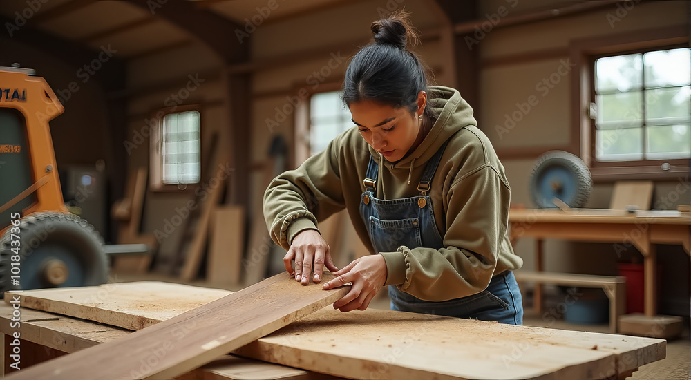 A woman is working on a piece of wood in a workshop