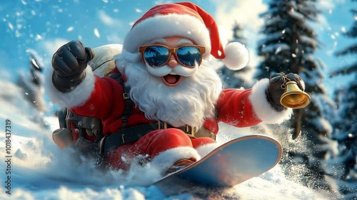 Christmas santa claus wearing sunglasses sliding and riding sleigh in snow for xmas season celebration and blowing out a golden bell while smiling