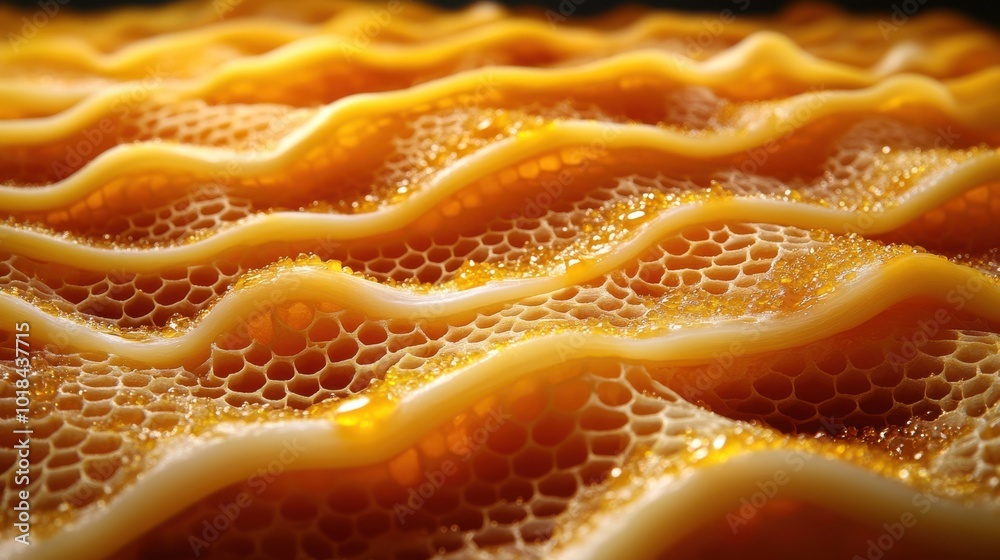 Fototapeta premium Golden Honeycomb Structure with Wavy Pattern and Honey Droplets
