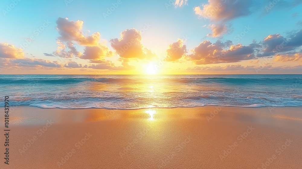 Golden Sunset Reflecting on the Calm Ocean Waters and Sandy Beach Golden Sunset Reflecting on the Calm Ocean Waters and Sandy Beach