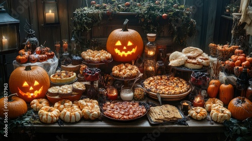 A table filled with Halloween-themed snacks and spooky treats