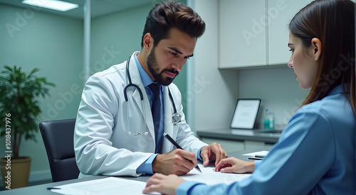 A man and a woman are sitting at a desk with a doctor writing on a piece of pape