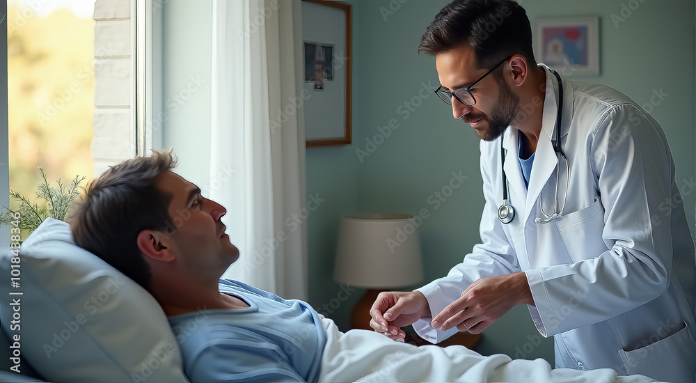 Obraz premium A man is laying in bed and a doctor is standing next to him