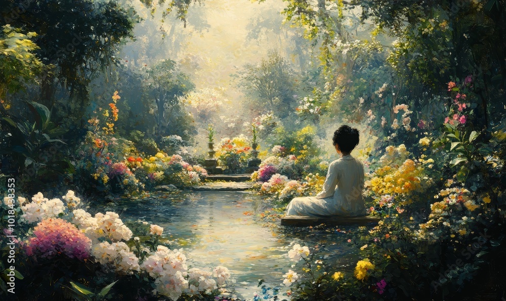 Woman sits by pond in a vibrant floral garden. Woman sits by pond in a vibrant floral garden.