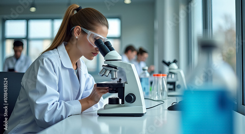 A woman is looking through a microscope at a slide