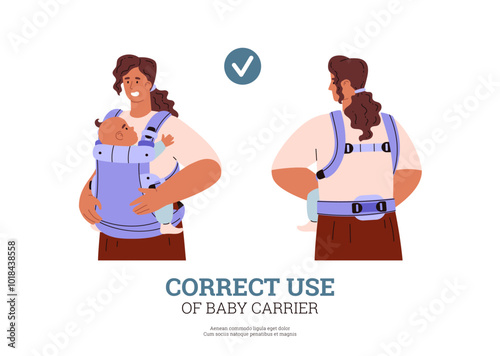 Cartoon mother standing with infant in ergo baby carrier, correct use vector infographic poster happy healthy motherhood