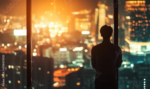 Silhouette of man looking at city lights.