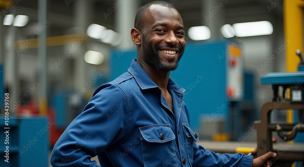 A man in a blue jacket is smiling and standing in front of a machine A man in a blue jacket is smiling and standing in front of a machine