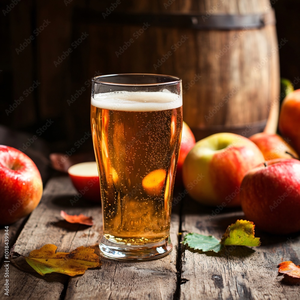 Glass of Apple Cider with Apples on Wooden Table Glass of Apple Cider with Apples on Wooden Table
