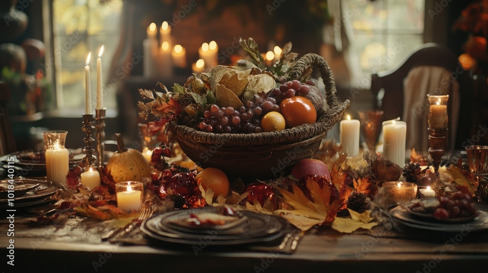 Naklejka premium A cozy fall-themed Thanksgiving setting with a cornucopia centerpiece, autumn leaves, and candles illuminating a rustic table, inviting a sense of gratitude and celebration.