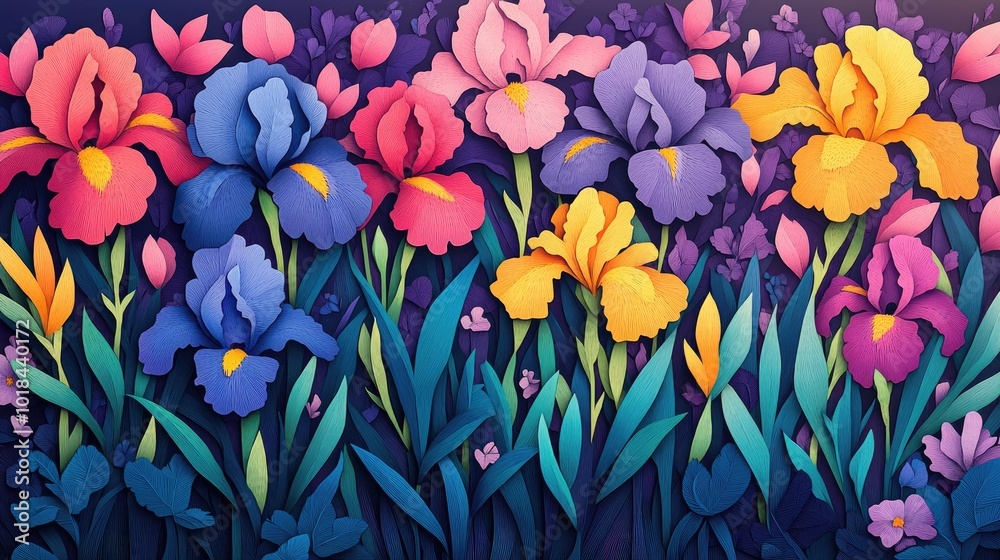 Vibrant and colorful irises in a home garden during late spring showcasing shades of dark purple yellow and pink with stunning blossoms Vibrant and colorful irises in a home garden during late spring showcasing shades of dark purple yellow and pink with stunning blossoms